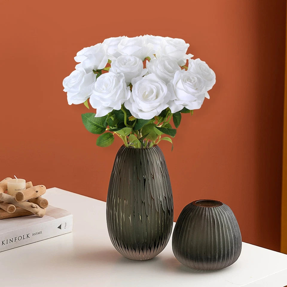 EZFLOWERY 12 Pcs Artificial Roses Flower White Silk with Single Stems Real Touch