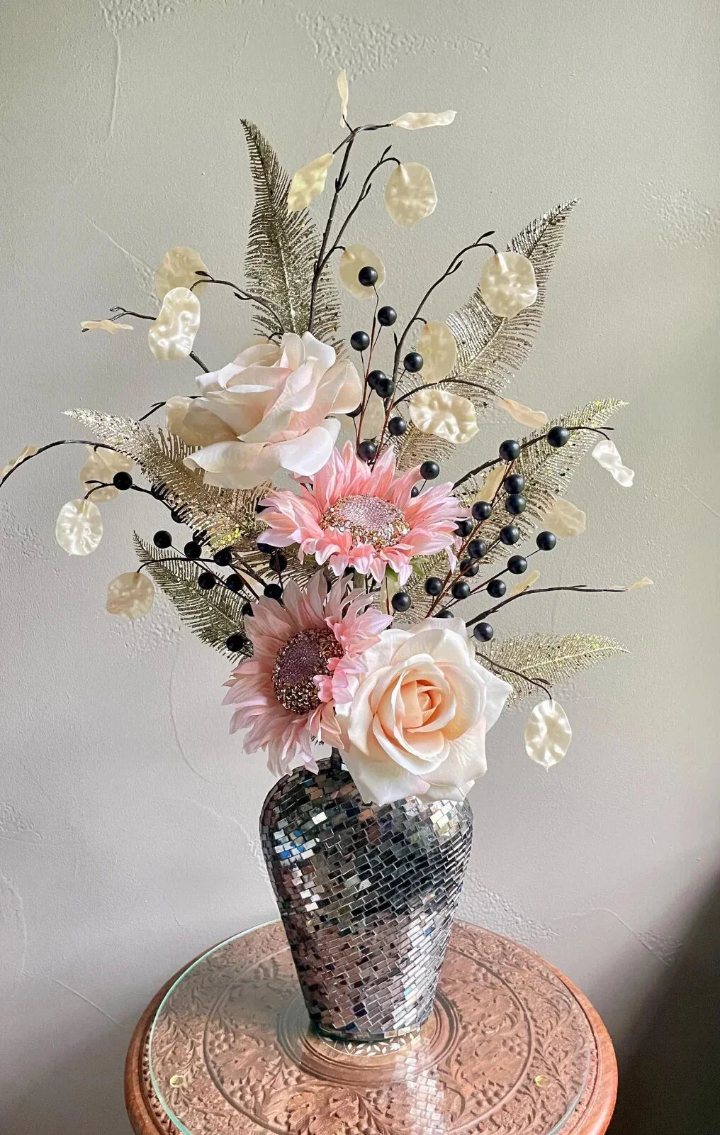Pink Sunflower Cream Rose Centerpiece Modern Decor Living Dining Bedroom Accent