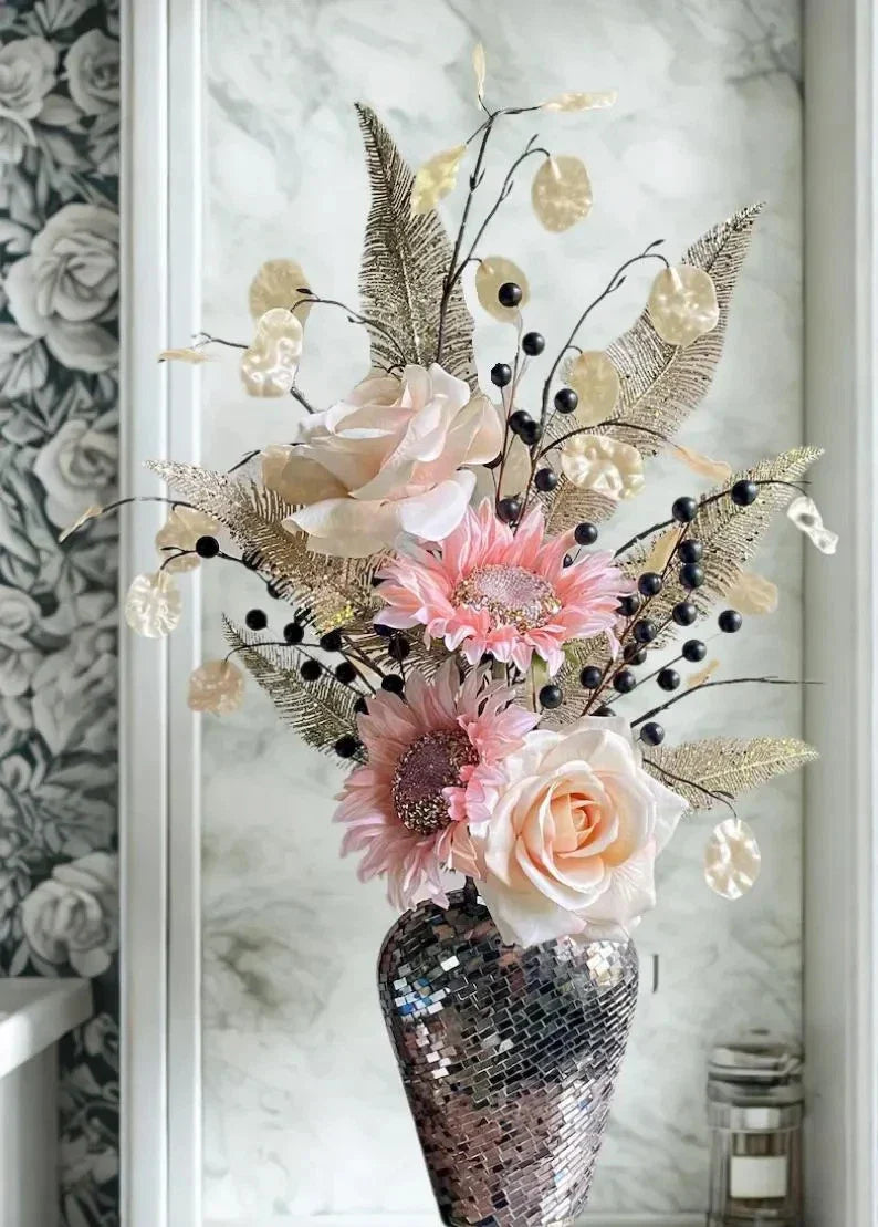 Pink Sunflower Cream Rose Centerpiece Modern Decor Living Dining Bedroom Accent